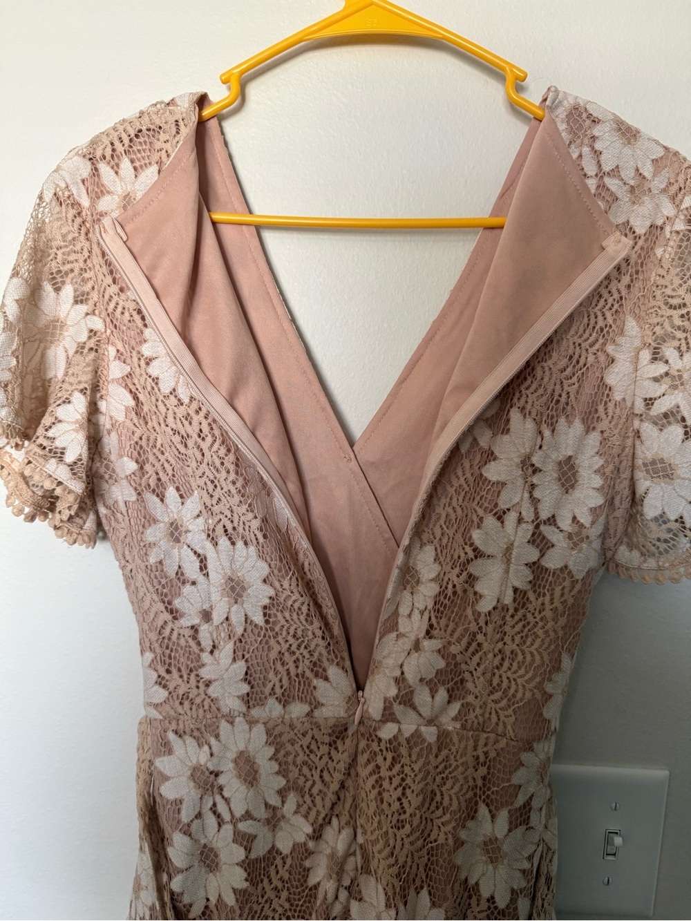 Boho Lace Floral Wrap Dress Small | Nude Blush Mini Dress Feminine Cottagecore - Picture 6 of 7